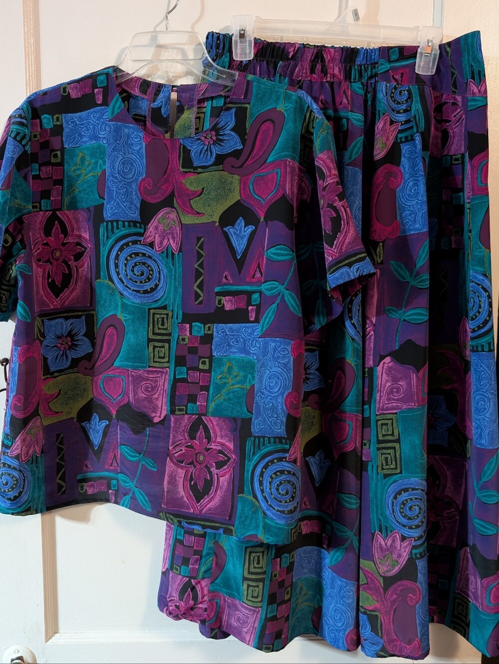City Girl Vibrant Abstract Floral Two-Piece Set - Teal, Purple & Black